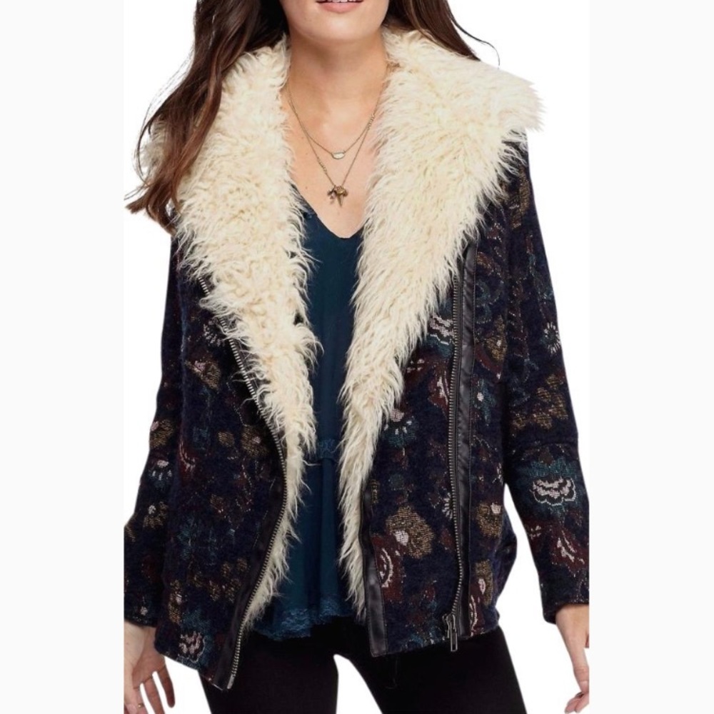 Free People Faux Fur Jacquard Floral Jacket XS - Picture 3 of 6